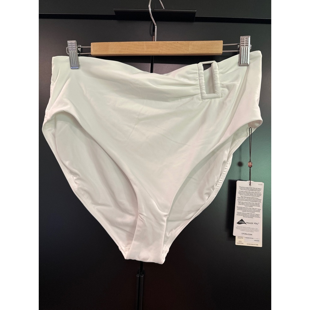 Calia Pure White High Rise Rectangle‎ Trim Bikini Bottoms Tummy Control L NEW